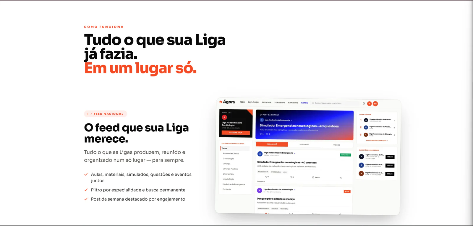 Ágora Ligas reunindo conteúdos acadêmicos em um feed nacional