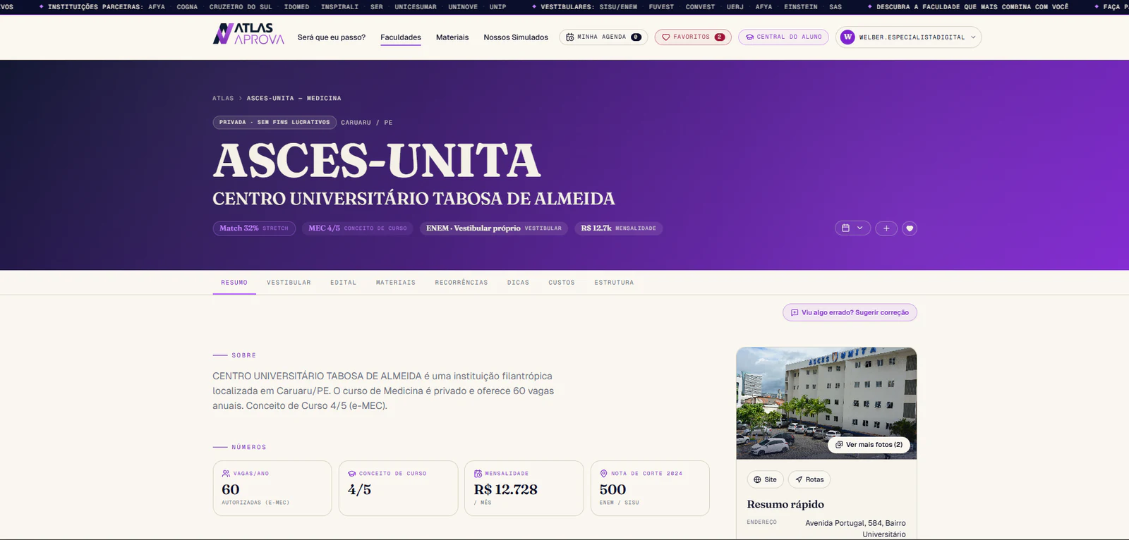 Atlas Aprova com dados oficiais, custos e informações de uma instituição