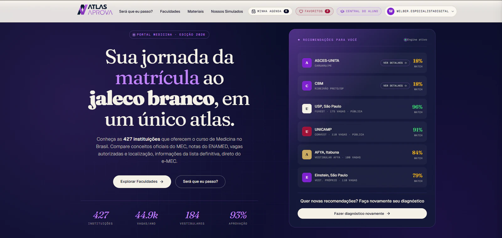 Atlas Aprova apresentando recomendações de faculdades e dados de ingresso