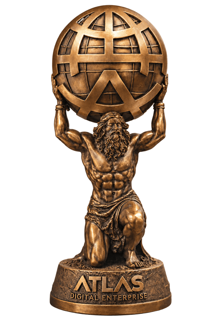 Troféu Atlas sustentando o símbolo do Atlas Digital Enterprise